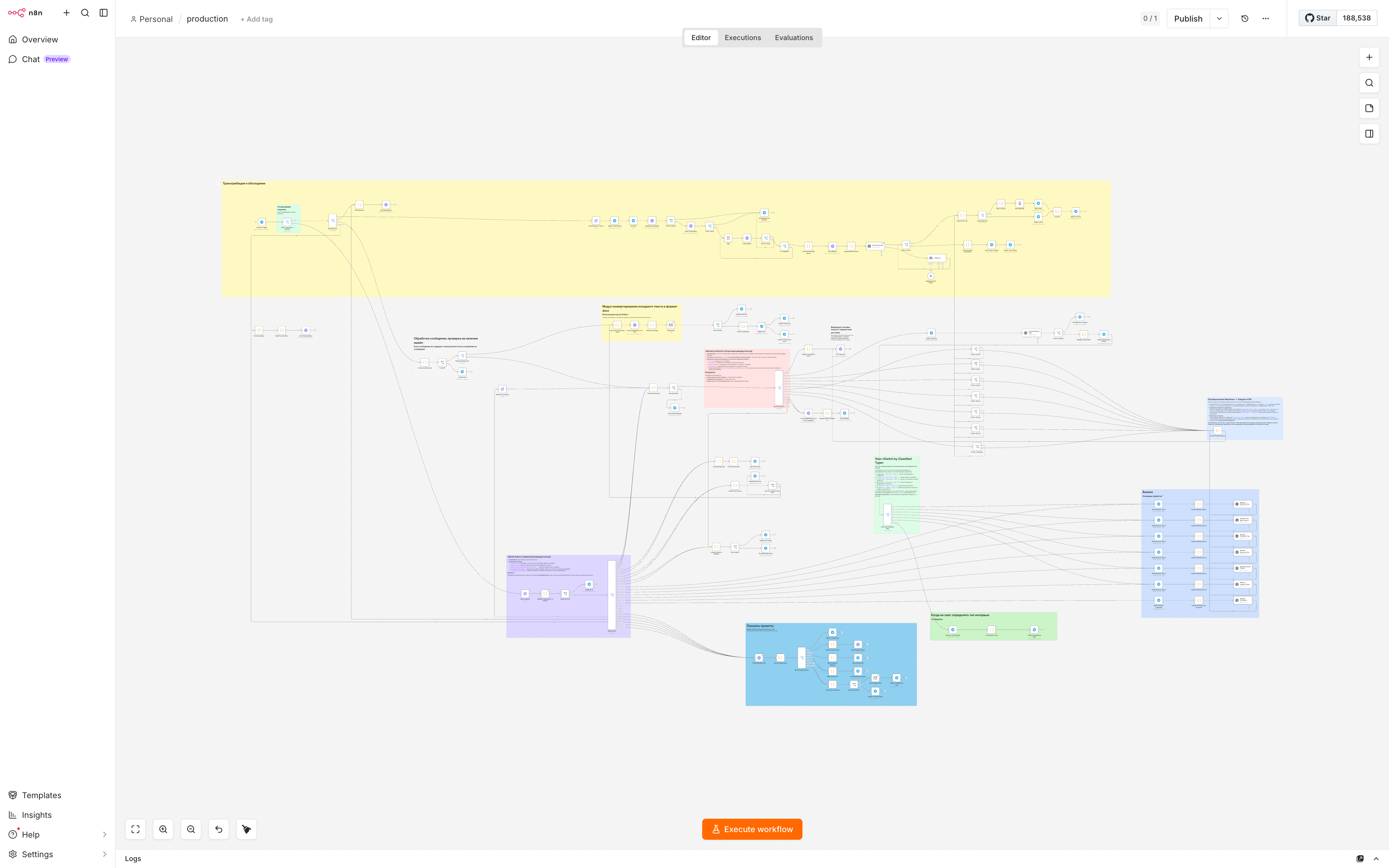 n8n workflow production: 143 ноды, шесть функциональных кластеров — приём, транскрипция, классификация типа интервью, ветки анализаторов, обработка ошибок, выдача